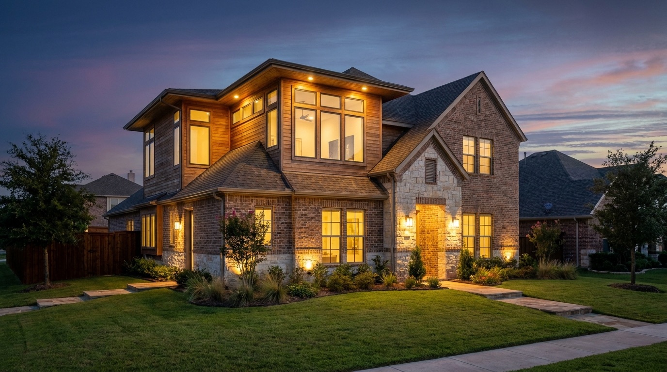 Dusk exterior of a finished home